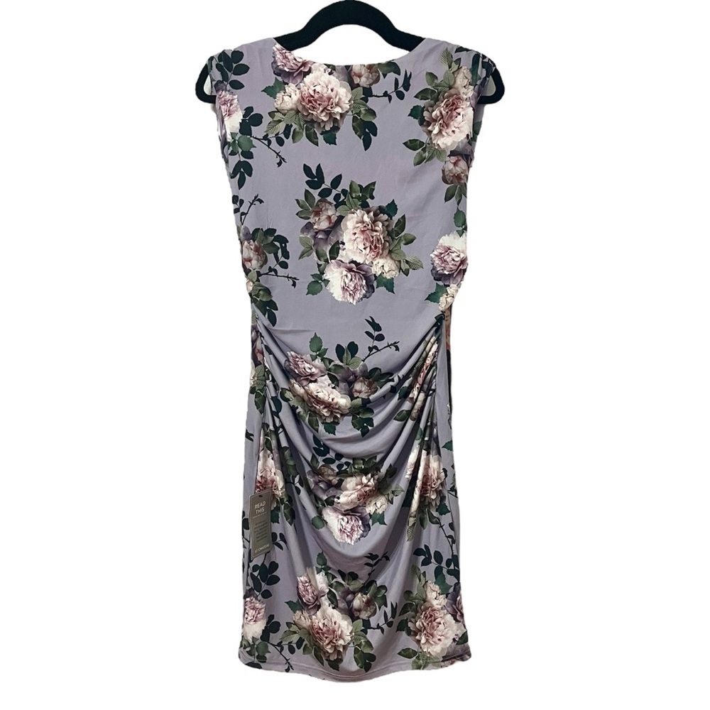 LE CHATEAU Lilac Floral Back Draped Cowl Ruched Mini Dress Size M